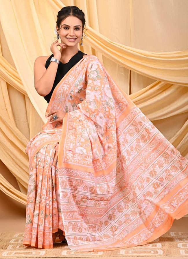 Cotton Light Peach Daily Wear Printed Saree